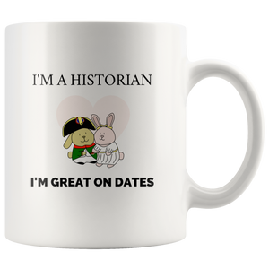 "I'm a historian, I'm great on dates" cute bunnies mug - Napoleonic Impressions